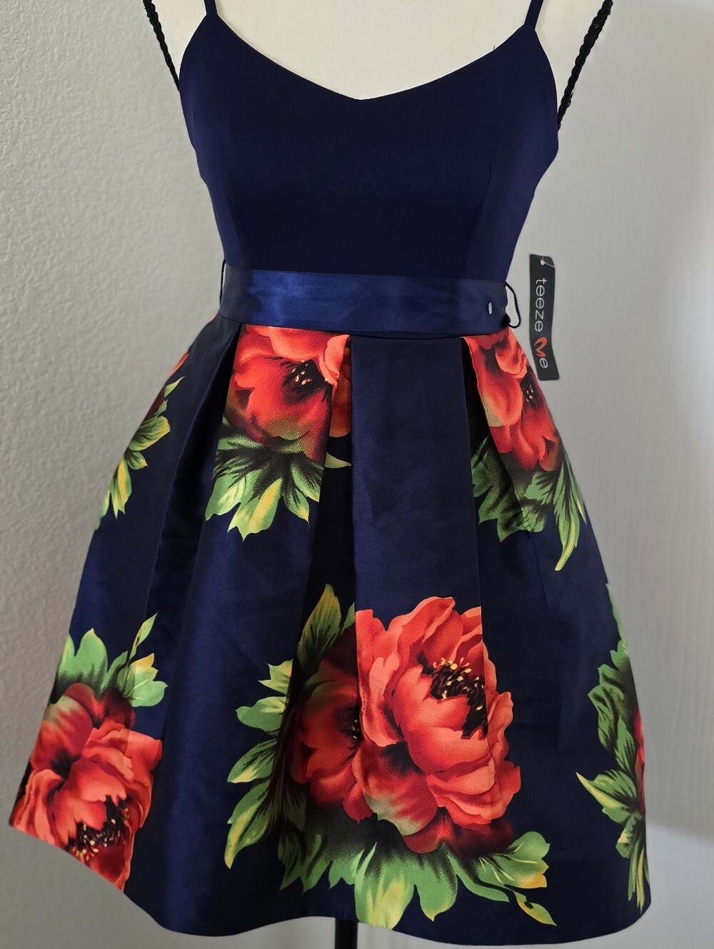 Teeze Me Navy Floral Satin-Waist Spaghetti Strap Girls Dress